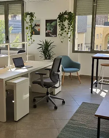 Ufficio privato luminoso con scrivania, sedia ergonomica e piante